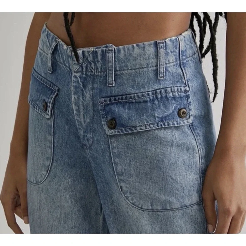 Free People Rory Slim Straight Jeans Seamed Button Pockets Tab Cuff Hems 28 NWOT